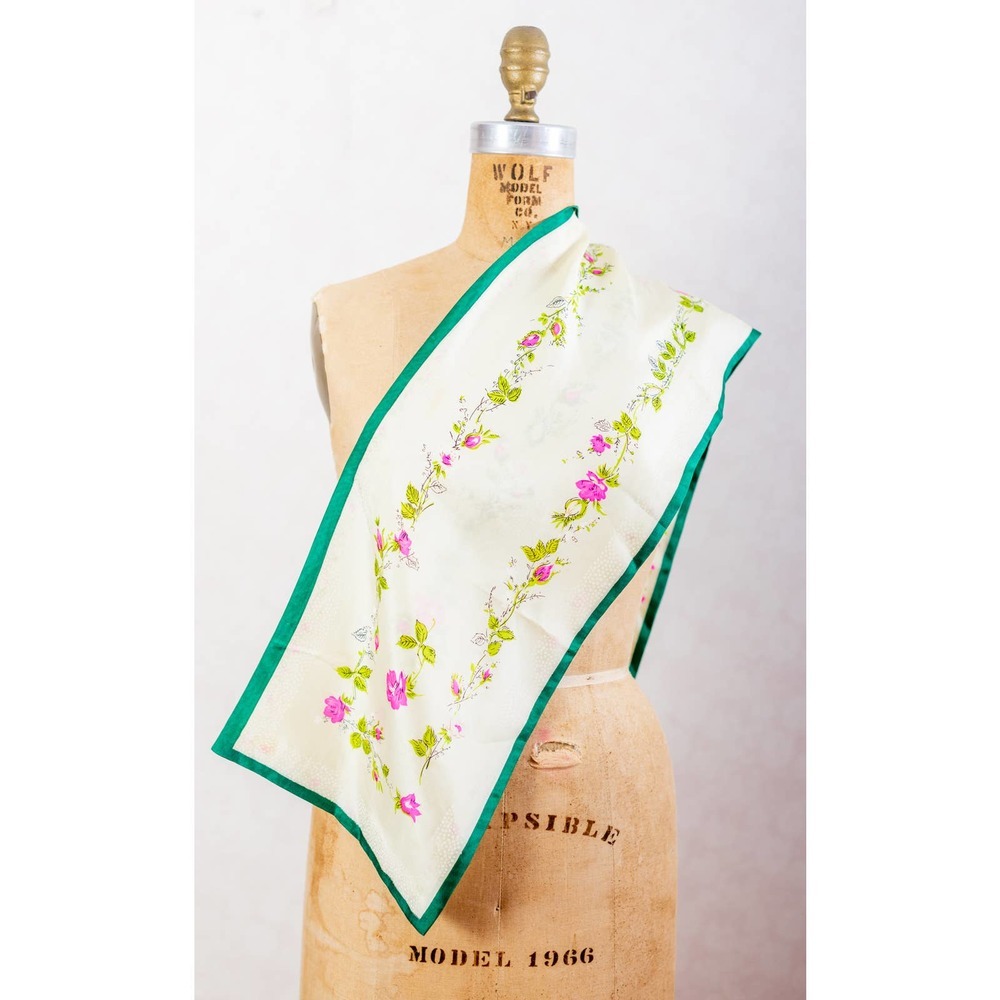 Vintage 50s 60s Pink Green Floral Japanese Silk Scarf, Cottage Headscarf Necktie